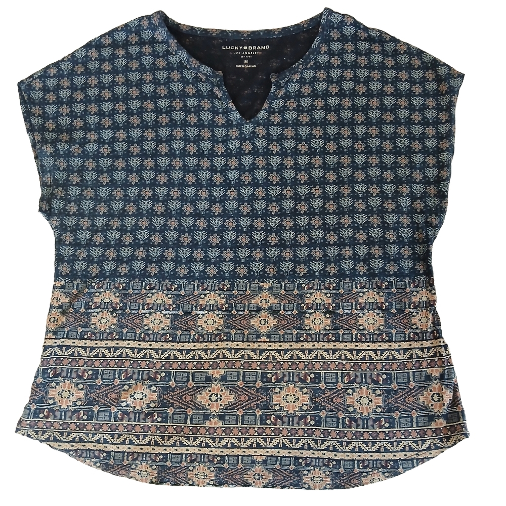 Lucky Brand Cap Sleeve Printed Cotton Blend Blue Multicolor Vneck T-shirt